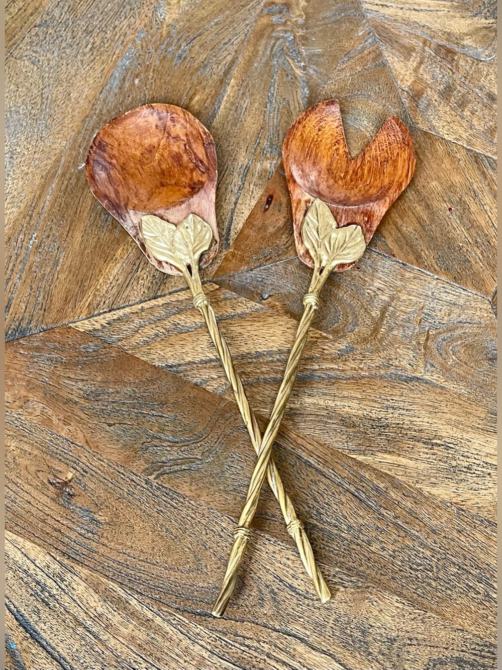 Walnut & Brass Salad Serving Spoons 12.5" Long Excellent